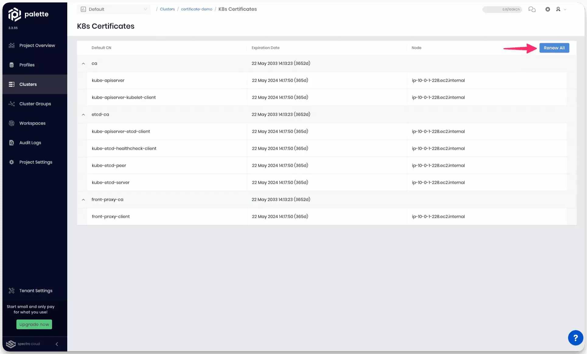 A view of the cluster certificates displaying the expiration date